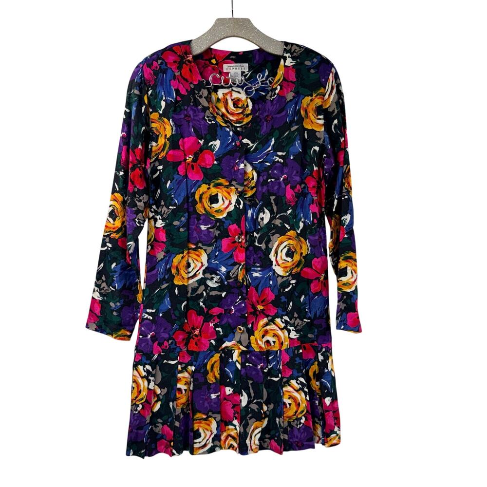90s Express Compagnie Internationale Pleated Drop Waist Floral Dress Vintage S